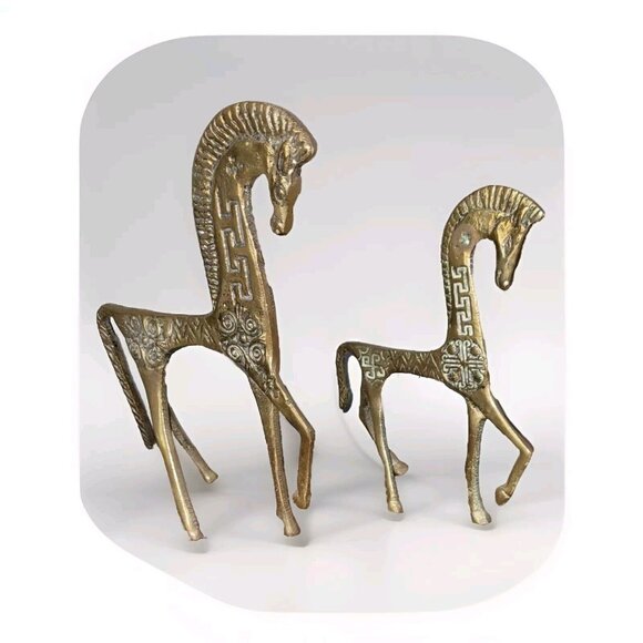 2 Etruscan Brass Horses Roman Mid Century Modern Greek Sculpture MCM Vintage - Picture 2 of 11